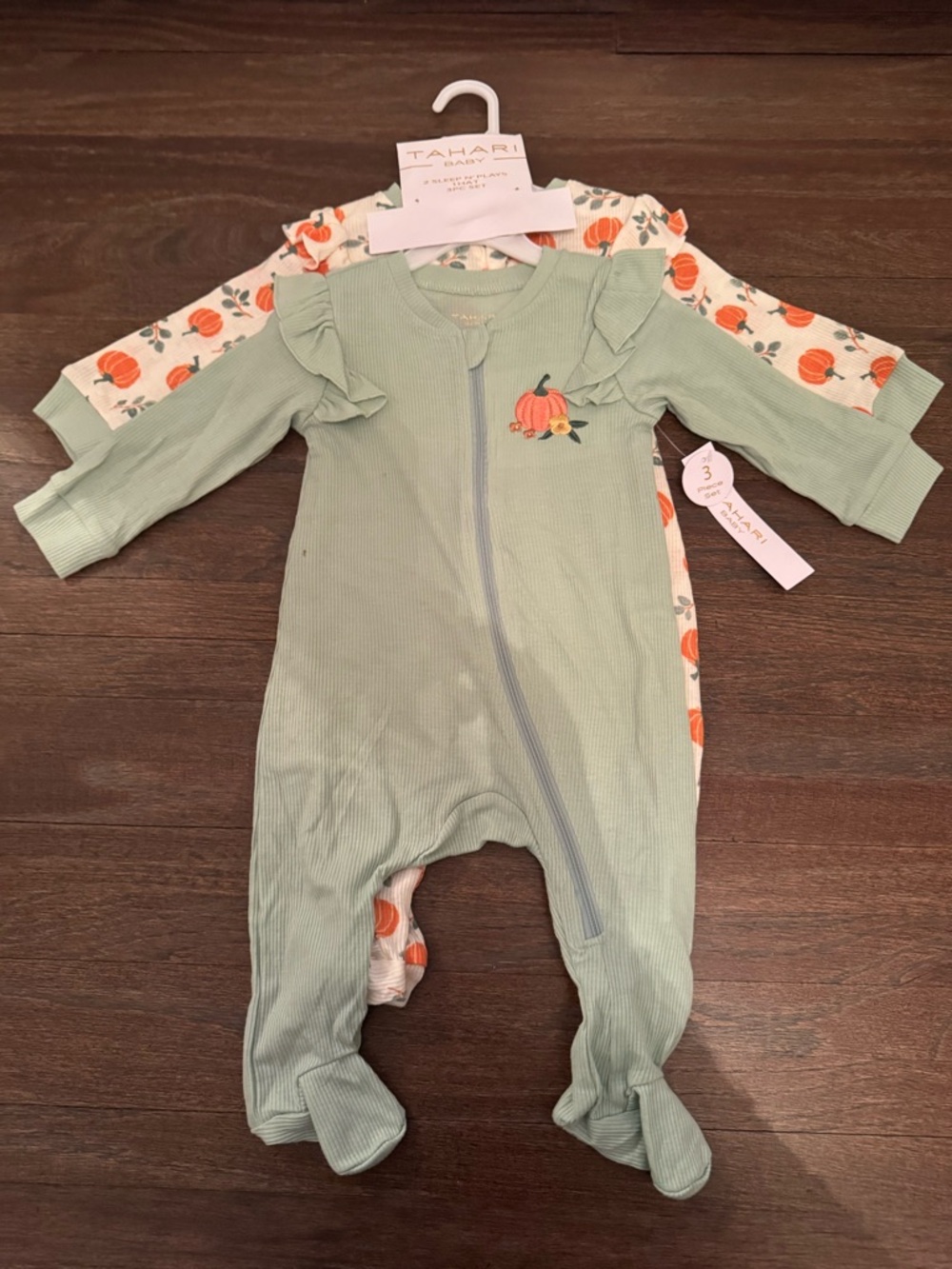 3 Piece Set (2) Tahari Girls Pumpkin Themed Ribbed One-Pieces & Matching Hat